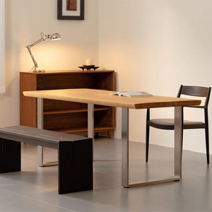 Retro Minimalist Multi-Functional <strong>Desk</strong> | <strong>Solid</strong> <strong>Wood</strong> Top &amp; Stainless Steel Legs, for Dining &amp; Living Room - Product Image 2