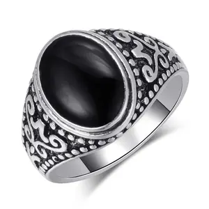 VRIUA Cincin Pernikahan Vintage Wanita, Cincin Pertunangan Mewah Warna Perak, Cincin Batu Hitam Besar Kristal