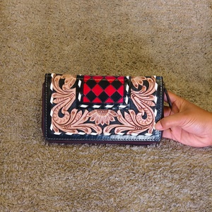 Leather Were Designer Luxury Hand Tooled Carving Cowhide Wristlet Clutch <b>Wallet</b> RFID Protection Large Capacity Button - Product Image 1