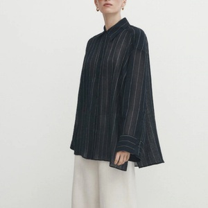 Nueva Llegada OME, Camisa a Rayas Azul Marino 100% Lino, Blusas para Mujer, Camisas de Lino, Blusas Elegantes para Mujer - Product Image 1