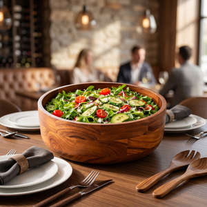 <b>Large</b> Acacia Wood Salad <b>Bowl</b> | Solid Wood Handcrafted BPA Free Uncoated Dining <b>Serving</b> <b>Bowl</b> with Spoon & Fork - Product Image 5
