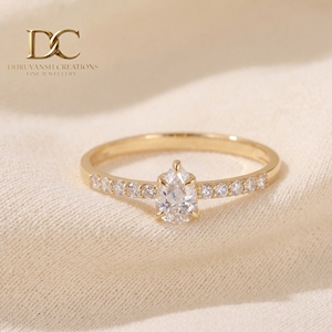 แหวนทองคำแท้ 14KT ดีไซน์สวยงาม ประดับเพชรเม็ดเดี่ยวทรงหยดน้ำและทรงกลมเจียระไนแบบบริลเลียนท์ พร้อมเพชรแล็บโกรว์ - Product Image 4