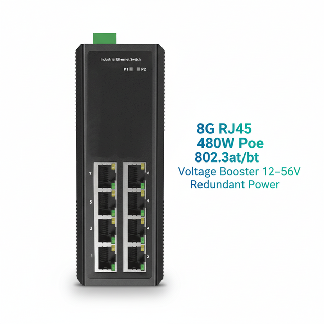 Industrial 8-Port 10/100/1000Base-T RJ45 480W PoE Switch 802.3at/bt Voltage Booster 12-56V DC CE FCC 20Gbps Capacity VLAN