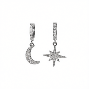Boucles d'oreilles pendantes étoile et lune en or blanc, argent 925 plaqué rhodium, cristaux pavés, pour femme, romantiques, à porter au quotidien - Product Image 1