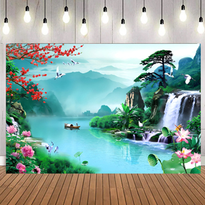 Papel Tapiz de Paisaje de Poliéster, Murales con Hermosas Escenas de Lagos, Flores y Cascadas, Fondo de Papel Tapiz para Decoración de Paredes <span class=keywords><strong>del</strong></span> Hogar - Product Image 1