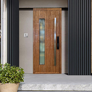 Porta d'Ingresso Minimalista con Venature del Legno Chiare e Finestre Verticali <span class=keywords><strong>in</strong></span> Vetro sul Lato, Porta di Sicurezza - Product Image 1