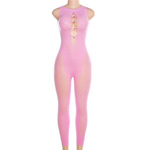 Combinaison en maille ajourée transparente avec dentelle pour femme, body une pièce en résille sans manches, tenue de club sexy - Product Image 4
