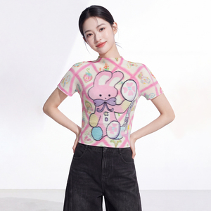 เสื้อถักคอกลมแขนสั้นสำหรับผู้หญิง โพลีเอสเตอร์ระบายอากาศได้ดี ทรงปกติ ลำลอง ลายการ์ตูนกระต่ายสไตล์วินเทจ ฤดูใบไม้ผลิฤดูร้อน - Product Image 4