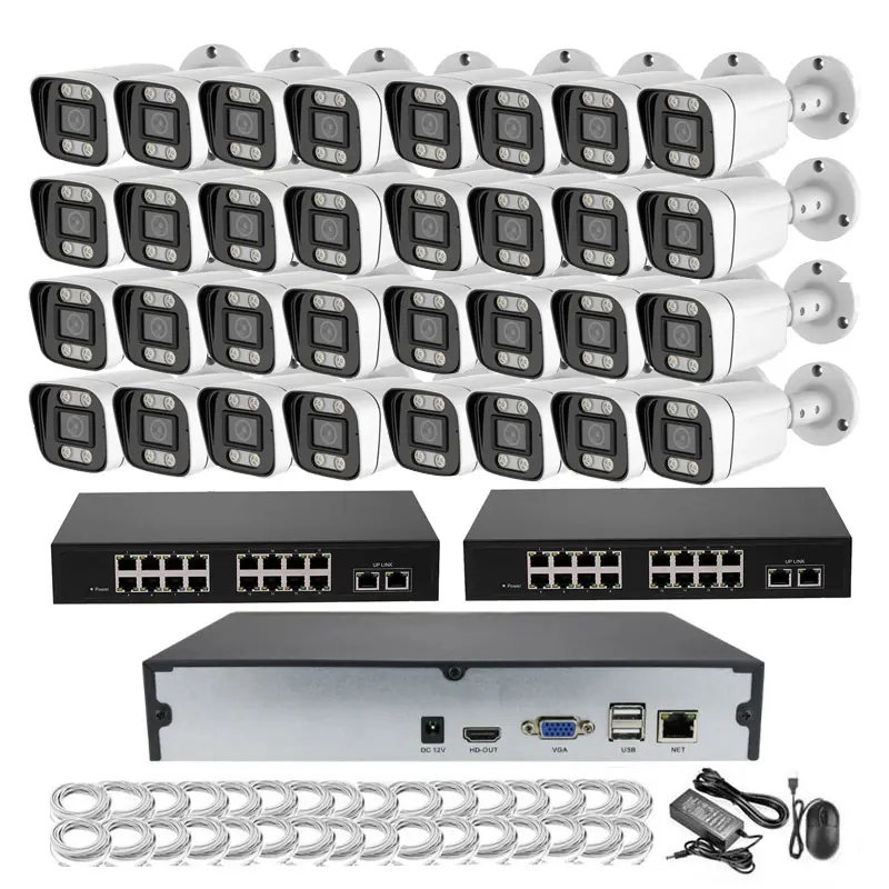 32ch 8MP Cámara KIT Color Noche Exterior POE Cámaras CCTV Seguridad 32 Canales NVR Sistema POE Switch