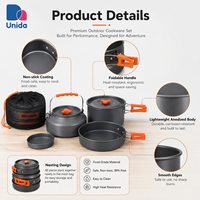 Ensemble de cuisine de camping portable pour 3-4 personnes avec casseroles, poêle, bouilloire, bols et sac de transport pour la cuisine en plein air