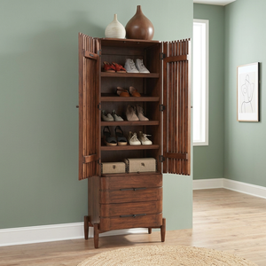 Armoire à chaussures en bois de style Mid-Century Modern, armoire haute avec portes à lattes et tiroirs pour entrée ou couloir - Product Image 5