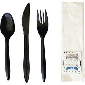 Kit de couverts six pièces de poids moyen 5,86 po en PS noir (fourchette/couteau/serviette/poivre/sel/cuillère) personnalisable pour les fêtes, 250 pièces/carton - Product Image 1