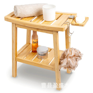 Yingsheng Bamboo Bathroom Stool Double Layer Shower Seat Solid Wood <b>Storage</b> Shelf For <b>Bath</b> Living Room - Product Image 1