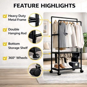 Double Tier Metal Clothing Rack Standing Heavy Duty Minimalist <b>Wardrobe</b> <b>Storage</b> Holder with Shelf for Clothes and <b>Shoes</b> - Product Image 2