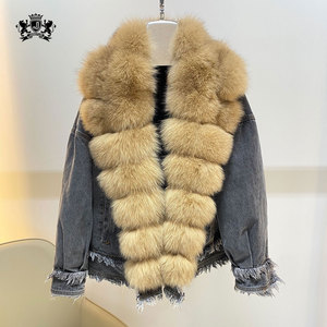 New Arrivals Fashion Jean Coat Fur Lining Winter Coat Wholesale Thick <strong>Women</strong> Fox Collar Parka <strong>Denim</strong> Fur <strong>Jacket</strong> - Product Image 5