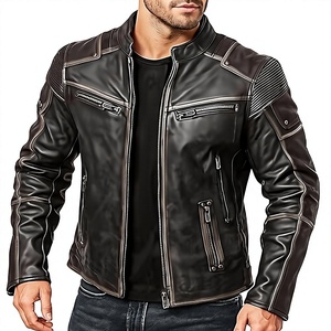 Veste en cuir d'agneau véritable de style vintage pour homme, effet vieilli, noire, style motard, veste de motard Cafe Racer - Product Image 1