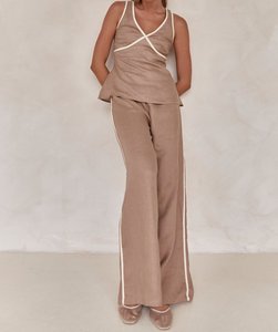 <span class=keywords><strong>Pantaloni</strong></span> casual da donna <span class=keywords><strong>marroni</strong></span> larghi a vita alta <span class=keywords><strong>pantaloni</strong></span> lunghi di <span class=keywords><strong>lino</strong></span> da donna - Product Image 3