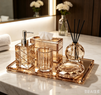 Ensemble d'accessoires de salle de bain de luxe de style européen en cristal, 5 pièces, pour hôtel : boîte à mouchoirs, distributeur de savon, diffuseur de parfum, bouteille, coton