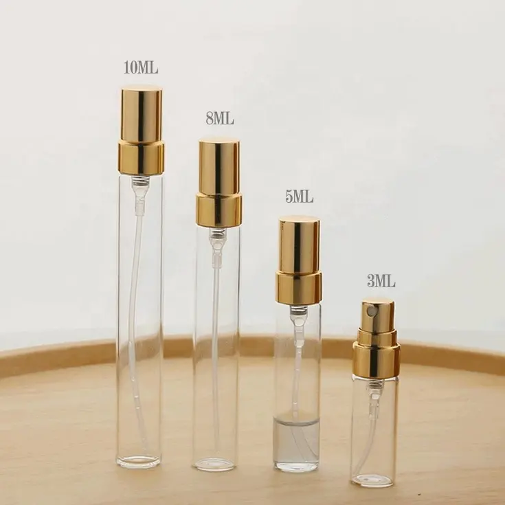 Botol Parfum Kaca Semprot, Ukuran Mini 3Ml 5Ml 8Ml 10Ml Ukuran Saku Perjalanan dengan Pompa Aluminium Emas