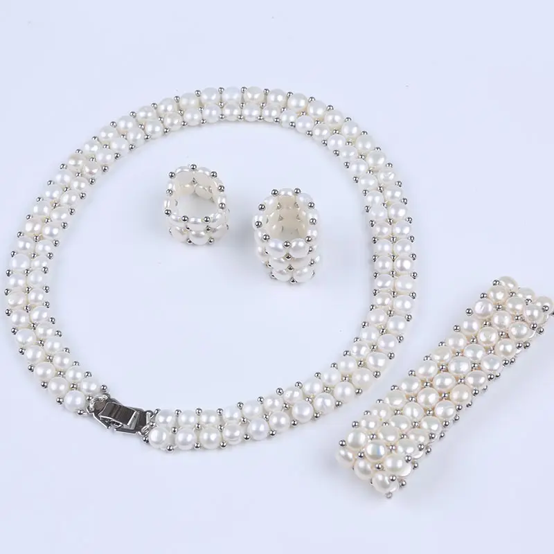 Ensemble de bijoux pour femmes, Offre Spéciale-7mm en forme de bouton, Bracelet en perles d'eau douce, collier, bague, 6.5