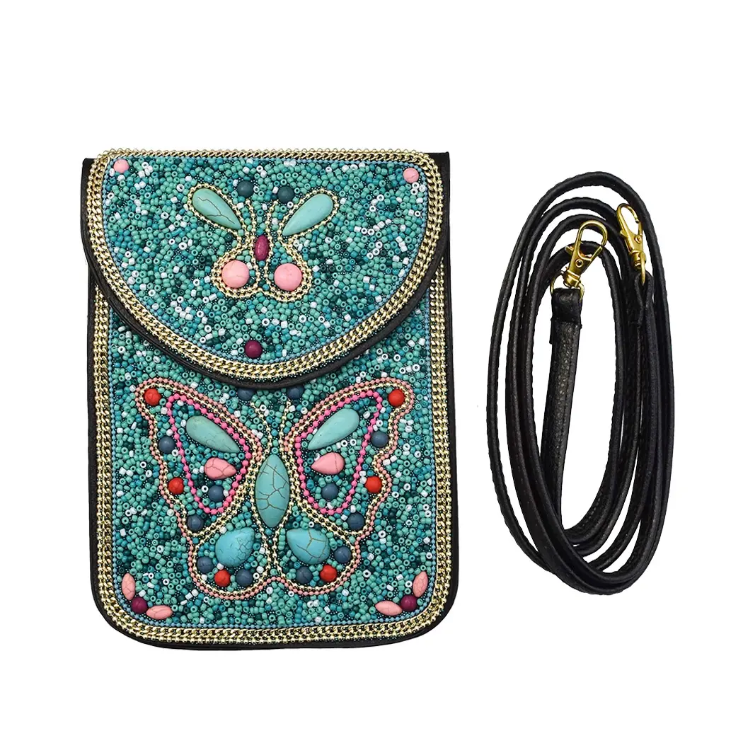 New Vintage Women Crossbody Cell Phone Bag Turquoise Crystal Beaded Butterfly Bag for Women