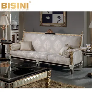 New Classical Italy Style Carved Wood Sofa set Exquisite Handcrafted White fabric Living room Furniture Three Seater Sofa