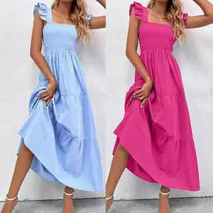 Women 2024 Summer Casual Square Collar Sweet Long Dress Party Sleeveless Pleated Midi Dress Female Elegant Beach Wear Clothes