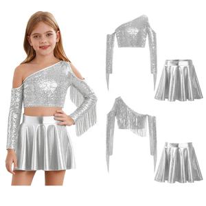 Conjunto de Top Corto y Falda Larga Metálica Brillante para Niñas de 6 a 16 Años, Disfraz para Actuaciones de Jazz, Espectáculos y Competencias - Product Image 5