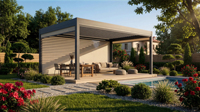 Pergola bioclimatique en aluminium à lames orientables motorisées électriques, cadre thermolaqué - Terrasse extérieure écologique, balcon