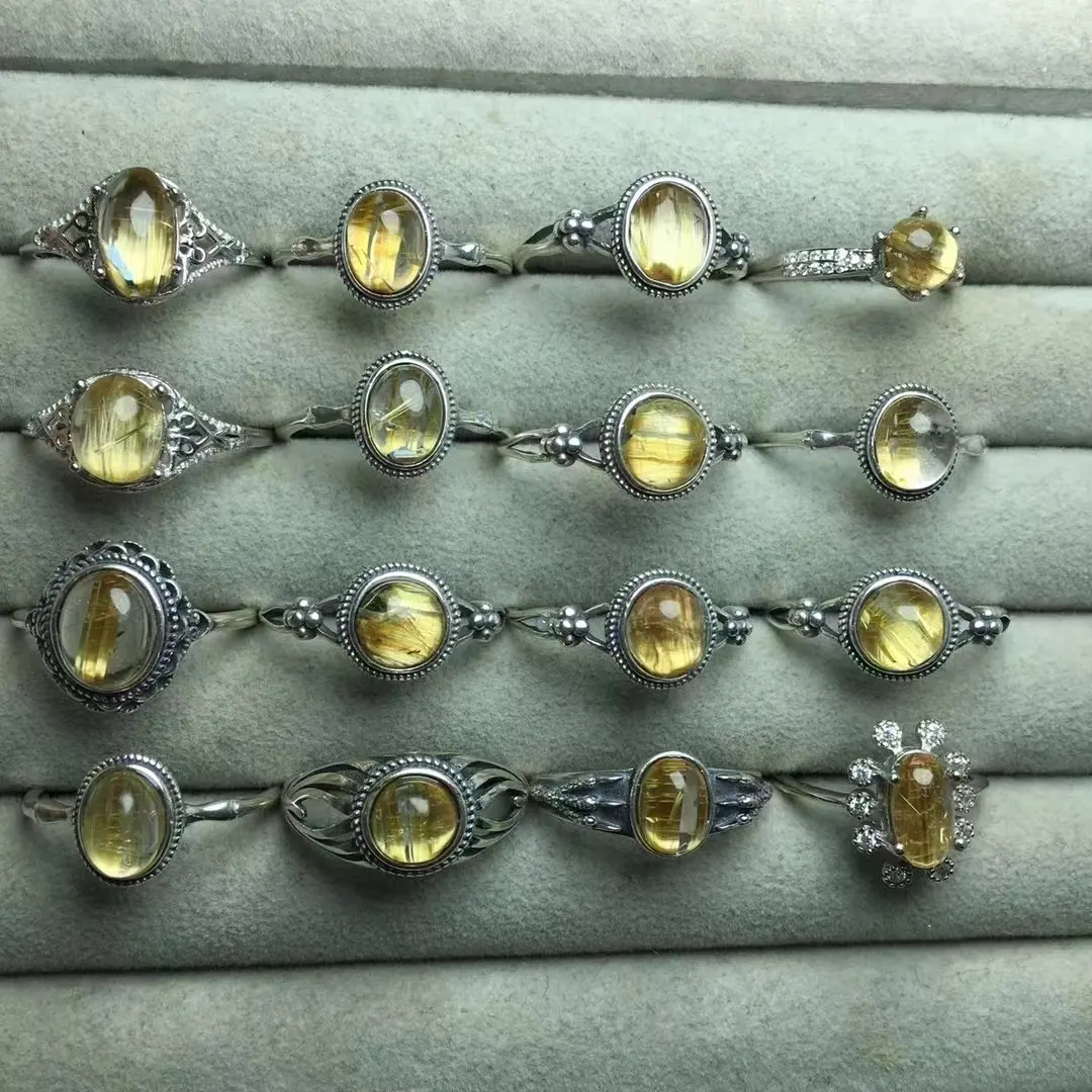 Vente chaude anneaux en cristal naturel quartz rutile doré de haute qualité avec anneaux en argent S925 pour la santé