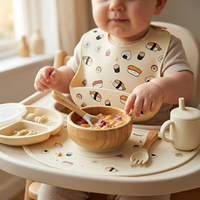 Ensemble de vaisselle pour enfants en silicone et bambou, design sushi, avec assiette compartimentée à ventouse, bol, cuillère, fourchette, bavoir et ustensiles, logo personnalisé