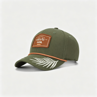 Gorra de béisbol de 5 paneles con parche frontal rígido tejido, diseño de cuerda, etiqueta privada, hoja bordada y visera curva. Proveedor OEM de gorras personalizadas.