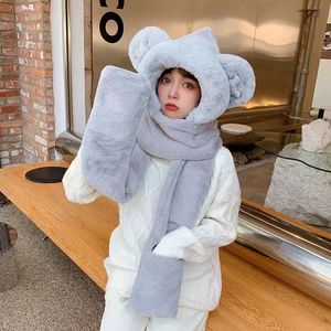 Ensemble trois pièces d'hiver pour femmes, écharpe à capuche en peluche, gants, cache-oreilles, cache-cou, beige, kaki, rose, gris, taille adulte 54-56CM - Product Image 3