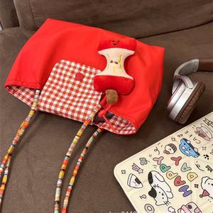 กระเป๋าถือผ้าแคนวาสลายสก็อตสีแดงสไตล์เกาหลีใหม่ ขนาดใหญ่ สำหรับผู้หญิง นักเรียน นักศึกษา กระเป๋าสะพายไหล่ลำลอง - Product Image 5