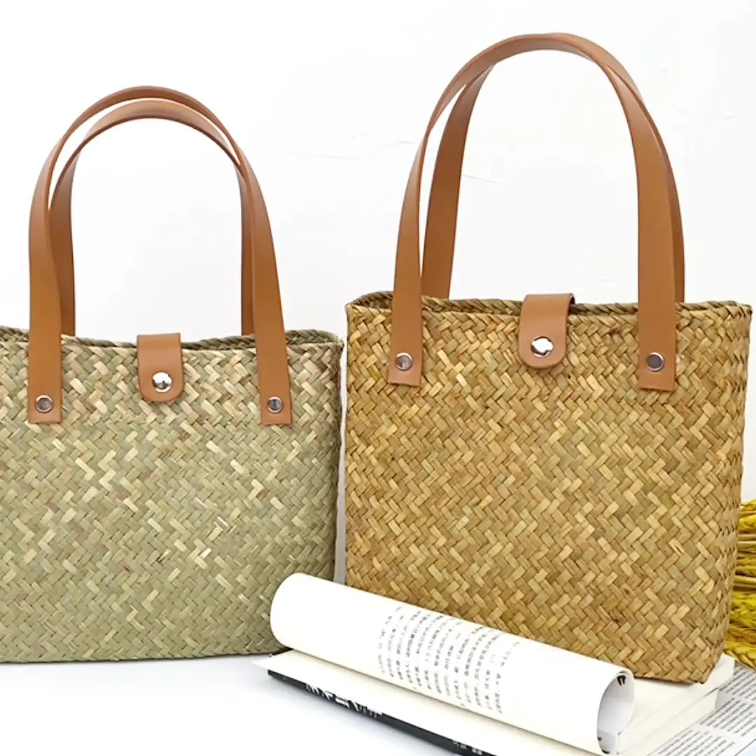 FSP202 2024 Spring Custom Beach Bags Handmade Woven Natural Straw Beach Tote Bag With PU Handle