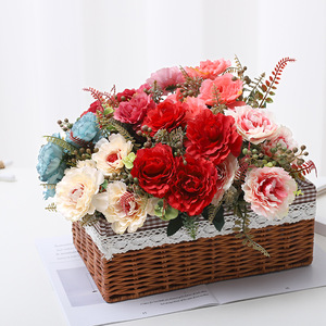 Flores Artificiales de Peonía Lichao, Arreglo en Cesta Rojo Coral, Blanco y Azul, Decoración para Bodas y Hogar, Exhibición Floral Hecha a Mano - Product Image 1