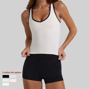 Conjunto de Yoga de 2 Piezas con Logotipo Personalizado para Mujer, Top Corto con Ribete en Contraste y Pantalones Cortos de Cintura Alta con Efecto Levanta Glúteos, Conjunto Deportivo para Gimnasio, Entrenamiento, Running y Fitness - Product Image 4