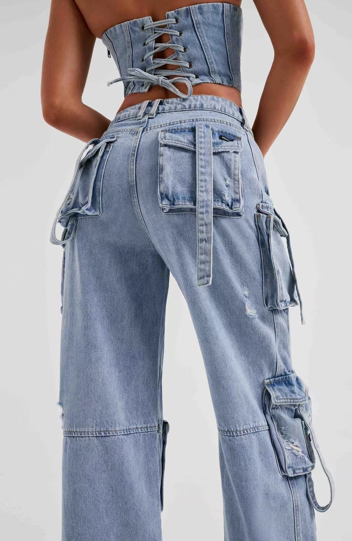 Autumn Women's American Style Mid Denim Pants Pocket Patchwork Jeans Button Decoration Breathable Loose Fit Slimming Long Waist