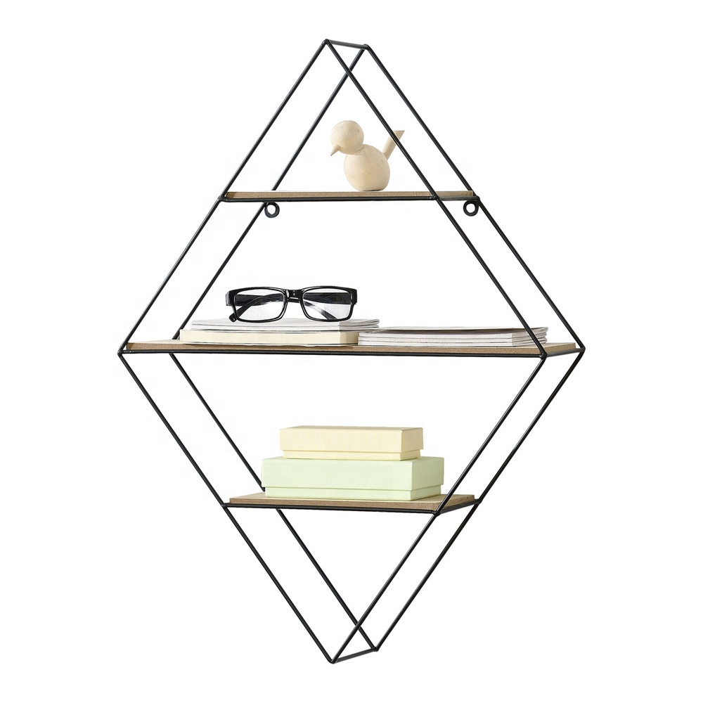 Геометрическая плавающая полка, металлические деревянные полки, стеллажи в форме алмазов, промышленные настенные полки для спальни, ванной комнаты, гостиной