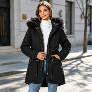 Women's Autumn Parka Coat <b>Fur</b> Trimmed <b>Hooded</b> <b>Jacket</b> Woven Fleece Lined Zipper Long Outdoor Outerwear - Product Image 1