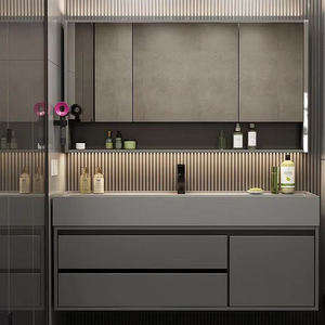 <span class=keywords><strong>Meuble</strong></span>-lavabo mural gris moderne avec miroir LED intégré, <span class=keywords><strong>vasque</strong></span> intégrée et grand rangement pour hôtel - Product Image 2