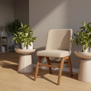 Silla de Salón Moderna de Mediados de Siglo con Tapicería Beige, Patas de Madera y Respaldo Sólido - Product Image 2
