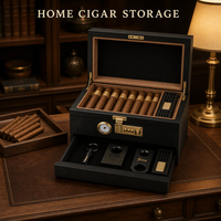 Humidor de bureau en bois de luxe avec couvercle en verre, hygromètre, humidificateur, serrure à combinaison, tiroir de rangement pour accessoires, anti-humidité