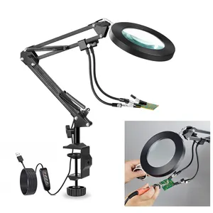 5X Magnifying Lamp Table Clamp With 2pcs Soldering Helping Hand Arms Welding Tools HD Magnifying Glass Desk Lamp for Home Office
