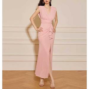 Women Solid Woven <strong>Sequined</strong> Plain Dyed Natural Waist Long <strong>Bodycon</strong> Maxi <strong>Dress</strong> with Drawstring Shoulder Pad V-Neck Party Club - Product Image 1