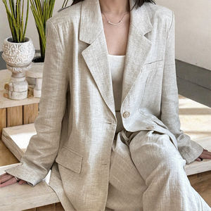 여성용 고급 정장 세트 스몰 블레이저 + 팬츠 가을 면마 투피스 의류 - Product Image 2