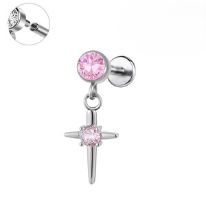 Pendientes de titanio G23 con circonita rosa brillante y colgante de cruz, <span class=keywords><strong>piercing</strong></span> para nariz y <span class=keywords><strong>labio</strong></span>, regalo de boda para mujer - Product Image 3