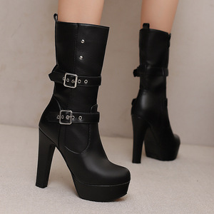 Botines de Tacón Alto para Mujer, Moda Otoño Invierno, Parte Superior de PU, Suela de Goma, Cierre con Hebilla y Cremallera, Punta Sólida, Zapatos Cómodos - Product Image 1