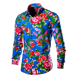 2024 New Large Size Silk Satin Printed Shirt Men's Hawaiian Style Long Sleeve Tops