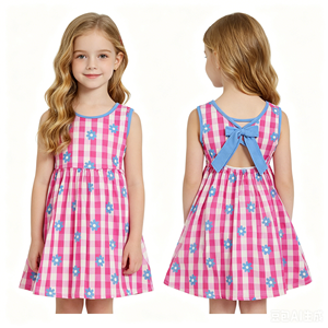 En stock: Vestido sin espalda con lazo y sin mangas para niñas, con estampado floral a cuadros. Ropa infantil al por mayor, de fábrica y boutique, de moda. - Product Image 2